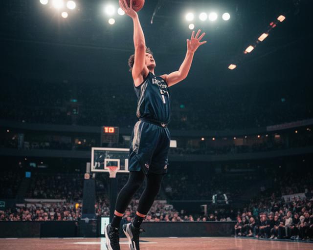 照明が灯るアリーナでシュートを放つBリーグ選手