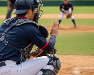 盛岡の野球場で投手にサインを送る高校野球の捕手