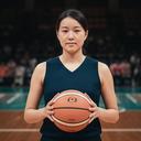 試合後のコートでボールを持つSachiyo 勝部選手